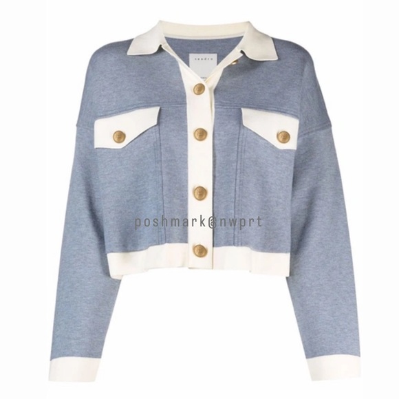 SANDRO Cher Coatigan Cardigan Jacket Sweater Top Bleu Ciel Blue White 0 XS - Picture 2 of 14